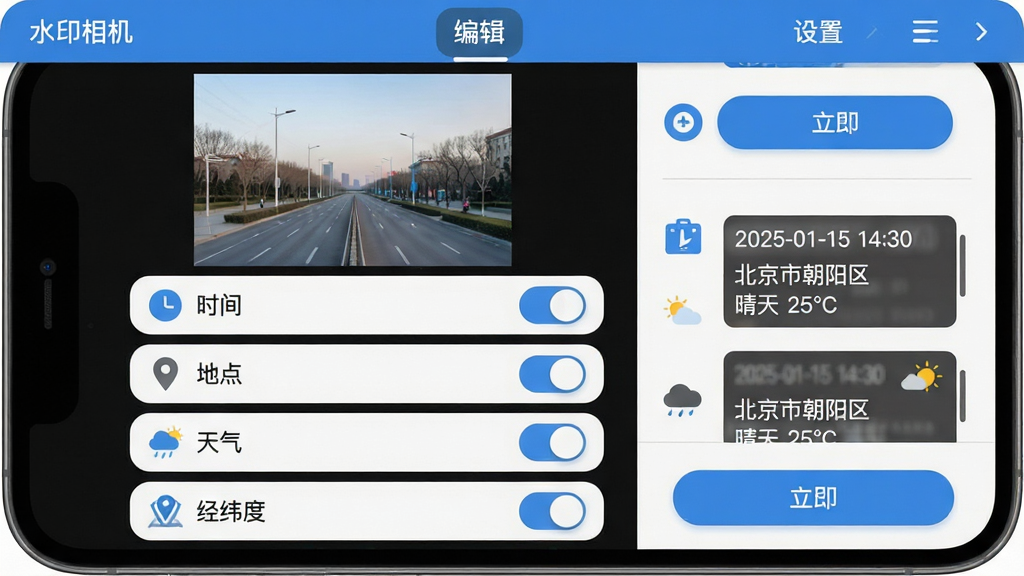 主体:水印相机拍摄定位App的编辑界面,屏幕上方展示一张示例照片,照片下方有多个水印选项如“时间”“地点”“天气”“经纬度”,每个选项旁有开关按钮。布局:编辑界面采用列表式布局,左侧为照片预览,右侧为设置面板。排版:界面清爽,功能图标排列整齐,文字说明详细。风格:扁平化设计,主色调为蓝色与灰色,操作按钮为圆角矩形。细节:水印预览框中显示“2025-01-15 14:30”“北京市朝阳区”“晴天 25℃”等字样,字体清晰。画质:高清,干净,无多余元素。
