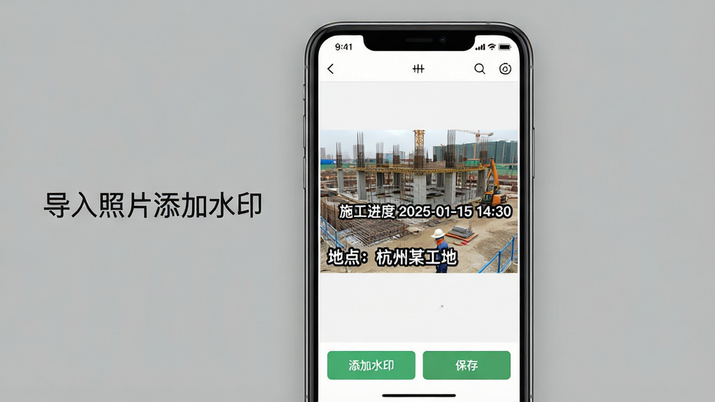 主体:一部手机屏幕显示水印相机拍摄定位App的相册导入界面,屏幕中有一张施工工地照片,底部有“添加水印”“保存”按钮。布局:手机居中,背景为纯色,左侧有文字说明“导入照片添加水印”。排版:界面简洁,按钮文字清晰。风格:写实风格,光线柔和。细节:水印显示“施工进度 2025-01-15 14:30”“地点:杭州某工地”,水印字体为黑体。画质:高清,干净,无多余元素。
