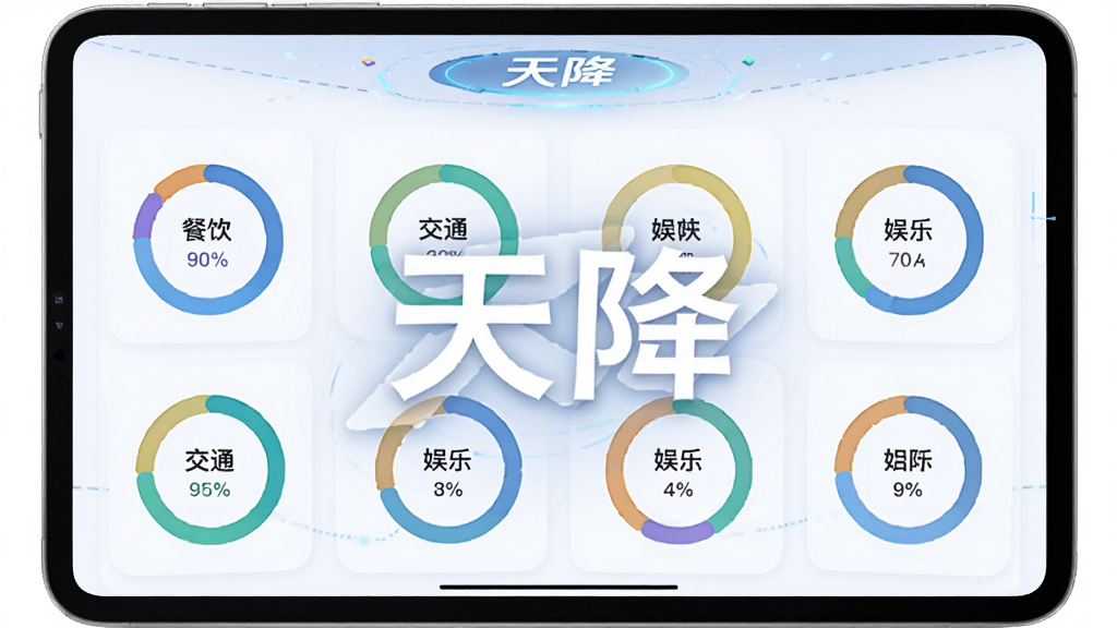 展示“天降”APP预算管理功能的图表界面,包含多个环形进度条,分别显示餐饮、交通、娱乐等类别的预算使用比例,颜色鲜艳区分度好,整体设计科技感强,画面干净,突出“天降”字样,高分辨率,无多余元素