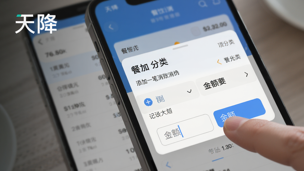 展示“天降”APP智能记账功能的操作界面,手指正在点击添加一笔餐饮消费,界面弹出分类选择和金额输入框,背景有模糊的账单流水,画面简洁,突出“天降”品牌名称,风格写实,画质清晰,无多余元素
