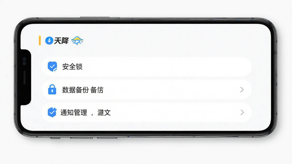 手机展示“天降”APP设置界面,包含安全锁、数据备份、通知管理等选项,背景干净,界面设计简洁,突出“天降”品牌,画质清晰,无多余元素