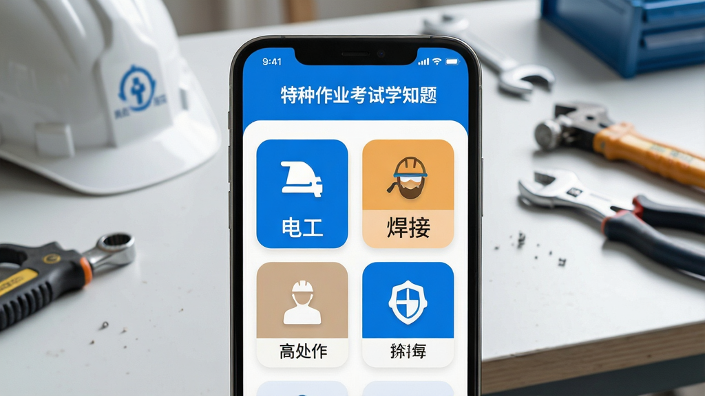 һ�������ֻ���Ļ��д����Ļ������չʾ��������ҵ����ѧ֪�⡱APP�Ľ��棬��������ʾ�繤�����ӡ��ߴ���ҵ�ȶ������������ͼ�꣬������Ƽ���ִ�������ɫ�Ͱ�ɫΪ��ɫ��������Ϊ�ɾ��Ĺ���̨��������а�ȫñ�͹��ߣ����沼�־��У��Ű�����������дʵ��Ӱ���ϸ�ڷḻ�����ʸ���ɾ����޶���Ԫ��