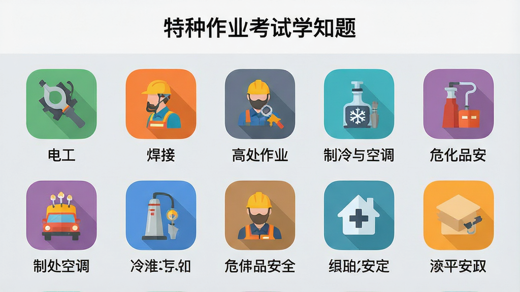 һ���ֻ�Ӧ���ڽ�ͼ��չʾ��������ҵ����ѧ֪�⡱APP�Ĺ���ѡ��ҳ�棬ҳ���Թ�����ʽ�����ŵ繤�����ӡ��ߴ���ҵ��������յ���Σ��Ʒ��ȫ�Ȳ�ɫͼ�꣬ÿ��ͼ���·��ж�Ӧ���ƣ�����Ϊ��͵�ǳ��ɫ���������Լ���������ñ�ƽ���廭��񣬻��ʸɾ����޶���Ԫ��