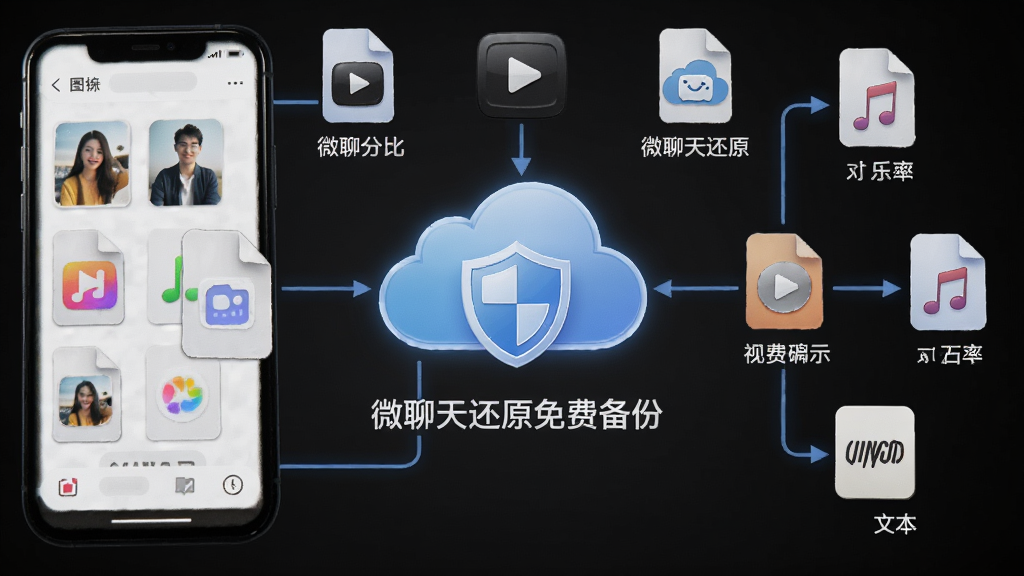 微聊天还原免费备份备份功能示意图,展示手机中各类聊天文件(图片、视频、音乐、文本)被云端备份的流程,画面中央有云朵和盾牌图标,周围环绕不同类型文件图标,标注