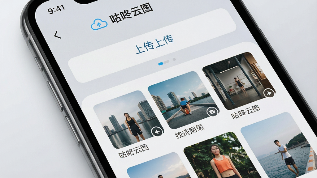 一张智能手机屏幕特写,屏幕中显示“咕咚云图”APP主界面,界面布局清爽,上方为上传按钮,下方为图片列表缩略图,背景为浅灰色渐变,整体风格现代简约,细节丰富,画质清晰,干净无多余元素