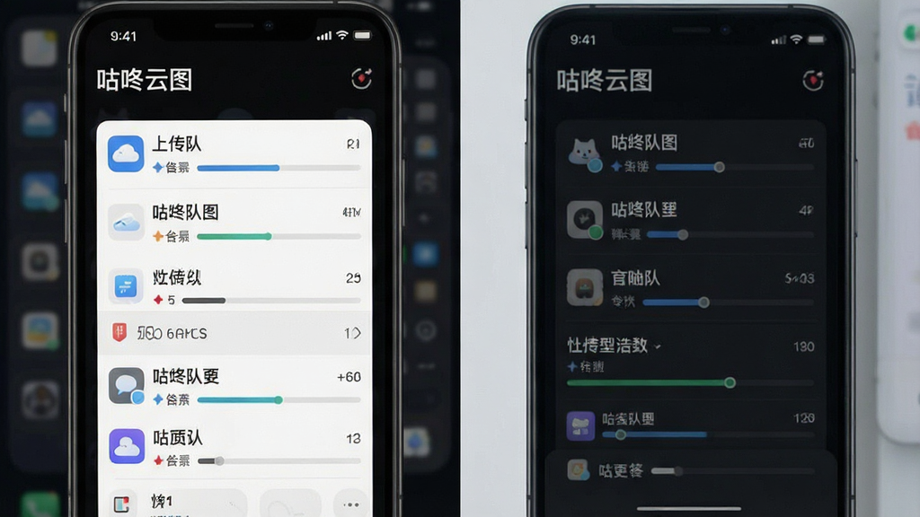 一张展示“咕咚云图”在手机后台运行时的界面,屏幕显示上传队列与进度条,背景为深色模式,界面清晰,细节丰富,画质干净,无多余元素