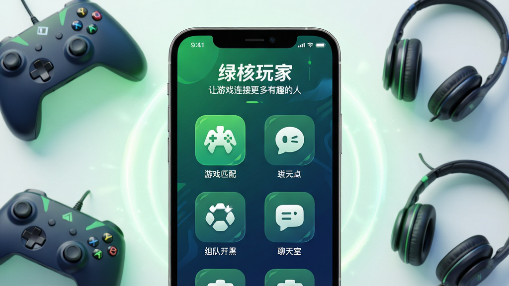 主体:一款名为“绿核玩家”的手机应用界面展示,屏幕上有游戏社交匹配、组队开黑、聊天室等功能图标。布局:手机居中,屏幕内容清晰可见,周围有柔和的光效和游戏手柄、耳机等元素点缀。排版:界面图标排列整齐,色彩以绿色和深蓝色为主,整体风格时尚动感。风格:现代科技感与游戏活力结合,画面干净明亮。细节:界面文字显示“绿核玩家”和“让游戏连接更多有趣的人”,图标精致,光影自然。画质:8K超高清,细节丰富,干净无多余元素。