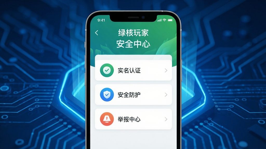 主体:手机屏幕上显示“绿核玩家”安全中心界面,有“实名认证”、“安全防护”、“举报中心”等选项。布局:手机竖放,界面简洁,背景为蓝色科技感光效。排版:图标列表式,清晰直观。风格:安全可靠的视觉感受,绿色与蓝色结合。细节:屏幕上显示“安心畅玩”字样,画面干净。画质:高清,无多余元素。