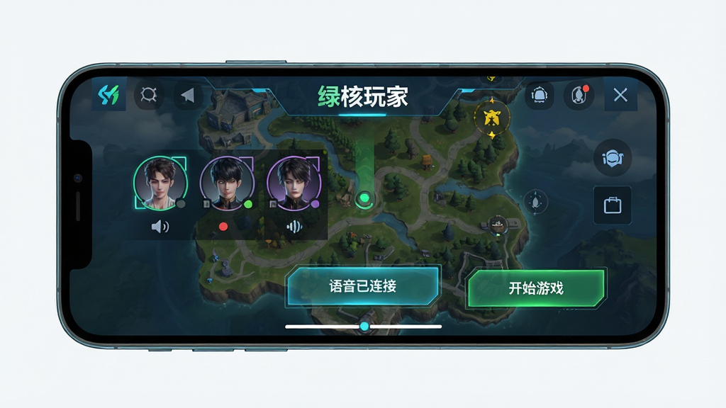 主体:手机屏幕上显示“绿核玩家”组队房间界面,有队友头像、语音状态和开始游戏按钮。布局:手机横放,屏幕内容清晰,背景为游戏地图缩略图。排版:界面布局合理,按钮醒目。风格:竞技感与科技感结合。细节:屏幕上有“语音已连接”提示,画面流畅。画质:高清,干净无多余元素。