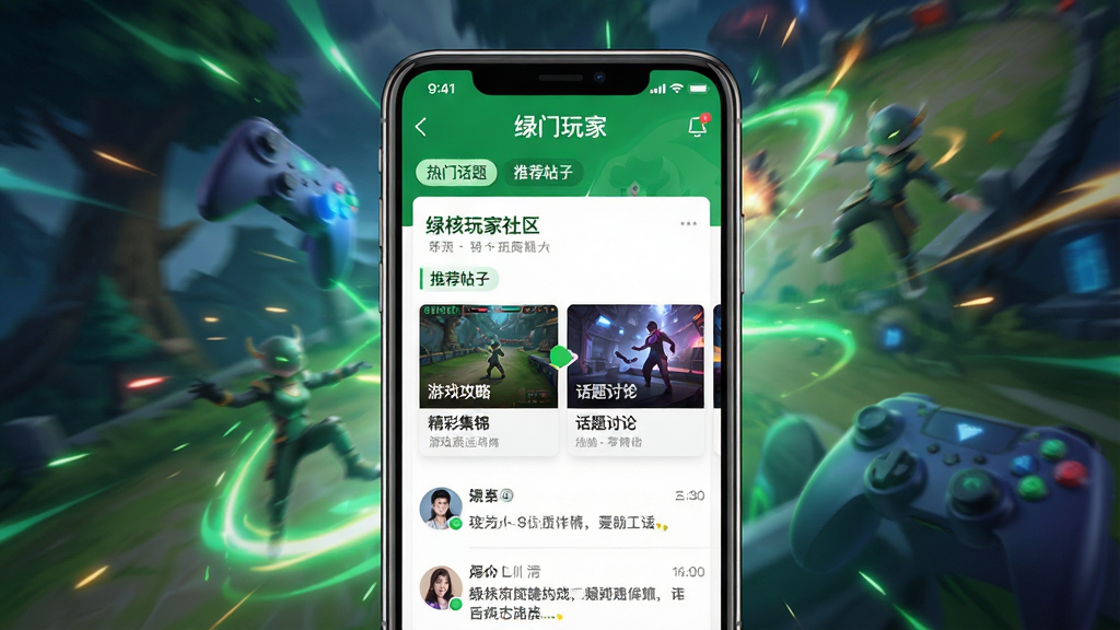 主体:手机屏幕上展示“绿核玩家”社区页面,有游戏攻略、精彩集锦、话题讨论等版块,用户头像和评论互动可见。布局:手机居中,屏幕内容清晰,背景为动态的游戏光效。排版:信息流布局,卡片式设计,色彩鲜明。风格:社区氛围活跃,绿色主题色。细节:屏幕上有“热门话题”、“推荐帖子”标签,画面生动。画质:超清,干净无多余元素。