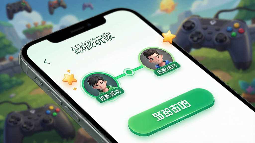 主体:手机屏幕上显示“绿核玩家”的智能匹配界面,两个玩家头像通过绿色连线连接,周围有游戏手柄和星星图标。布局:手机斜放,屏幕内容突出,背景有模糊的游戏场景。排版:界面简洁,信息层次分明,匹配按钮醒目。风格:科技感与温馨感结合,绿色点缀。细节:头像上显示“匹配成功”字样,画面清晰流畅。画质:高清渲染,干净无多余元素。