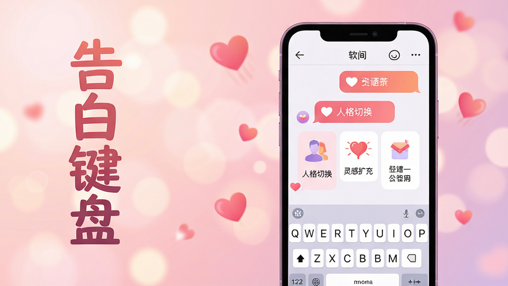 主体:一部亮着屏幕的智能手机,屏幕上显示告白键盘的聊天界面,界面中有温馨的对话气泡和爱心图标。布局:手机位于画面中央偏右,左侧留白放置软件名称“告白键盘”的竖排艺术字。排版:手机屏幕内展示软件的核心功能图标,如“人格切换”、“灵感扩充”等,以卡片形式排列。风格:扁平化现代插画风格,色彩明快温暖,以粉色和淡紫色为主色调。细节:背景有模糊的光斑和飘落的爱心,营造浪漫氛围。画质:4k,高清,干净,无多余元素。