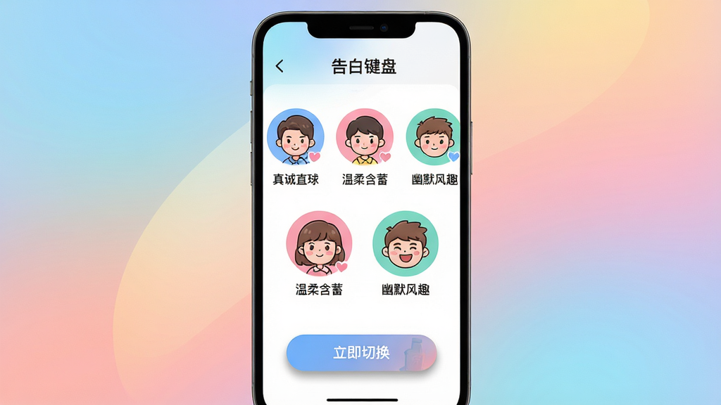 主体:手机屏幕截图展示“告白键盘”的人格选择界面,屏幕上排列着多个卡通头像,分别代表“真诚直球”、“温柔含蓄”、“幽默风趣”等不同人格。布局:截图位于画面中心,周围有柔和的渐变背景。排版:人格头像以圆形图标呈现,下方配有文字说明,界面简洁清晰。风格:现代UI设计风格,色彩活泼。细节:屏幕下方有“立即切换”的按钮,并带有淡淡的阴影效果。画质:高清,干净,无多余元素。