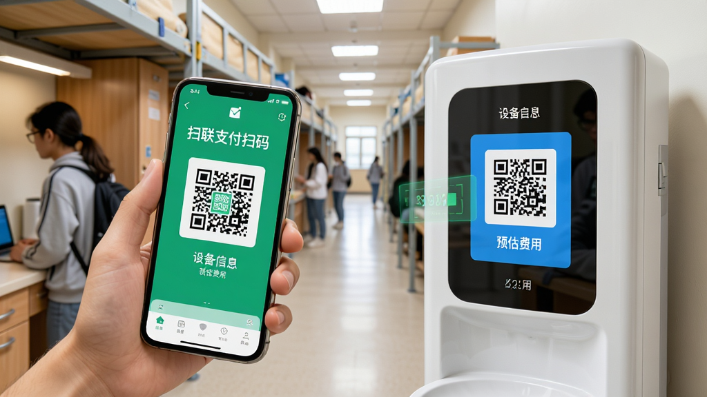 一合物联扫码支付功能演示图,手机上显示APP扫码界面,对准直饮水机上的二维码,背景为大学宿舍走廊,画面明亮,突出扫码的便捷性,界面显示设备信息和预估费用,风格写实,画质清晰,无多余元素。