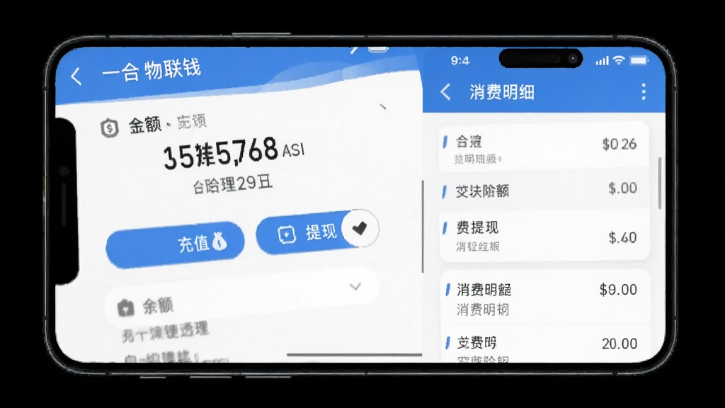 一合物联钱包功能界面截图,展示余额数字、充值按钮、提现按钮和消费明细列表,背景为手机屏幕,界面设计简洁,蓝白配色,突出资金安全与透明管理,画质高,无多余元素。
