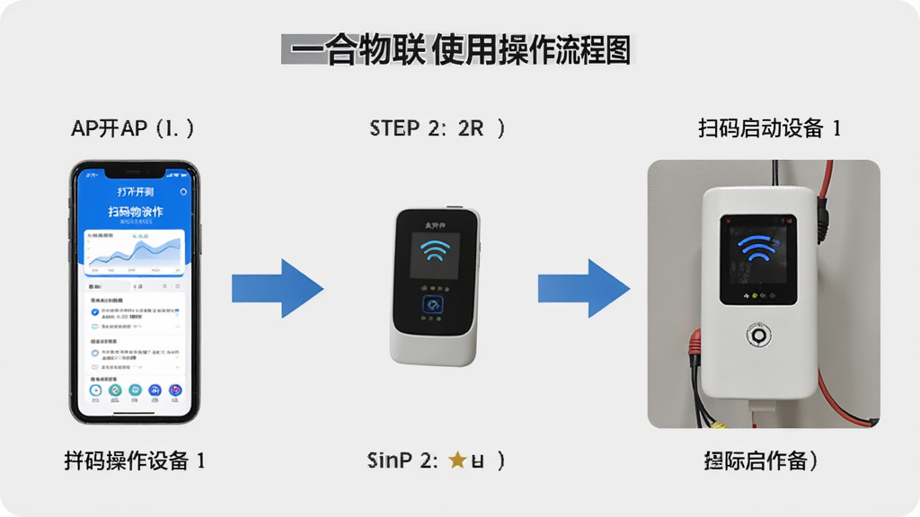一合物联使用操作流程图,展示从打开APP到扫码启动设备的步骤,包含手机界面和实际设备场景,采用分步图解,箭头指示,风格简洁明了,背景为浅灰色,突出操作指引,画质清晰,无多余元素。