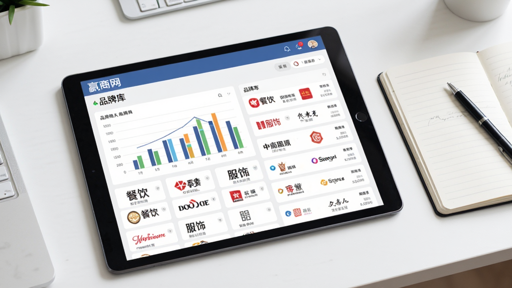 图片主体为一个平板电脑,屏幕上以图表和列表形式展示“赢商网”APP中的品牌库界面,列举了包括餐饮、服饰、零售等多个业态的知名品牌logo与详细信息。平板电脑放置在简洁的办公桌上,旁边有一本翻开的笔记本和一支笔。布局为横版,风格为现代扁平化,色彩明亮,突出数据的清晰与全面,画质干净,无多余元素。