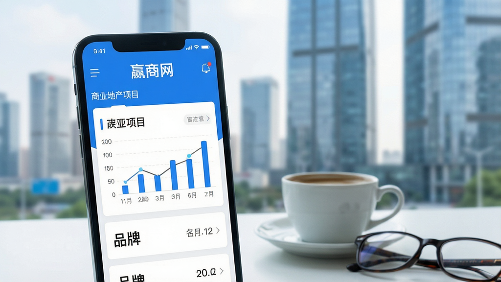 一张智能手机屏幕占据画面主体,屏幕上清晰显示“赢商网”APP的界面,界面风格简约商务,以蓝色和白色为主色调,展示着商业地产项目的数据图表与品牌列表。手机旁边放置着一杯咖啡和一副眼镜,背景是虚化的现代城市写字楼群。整体布局为横版,风格写实,画质清晰,光线明亮,突出专业与商务感,图片干净无多余杂物。