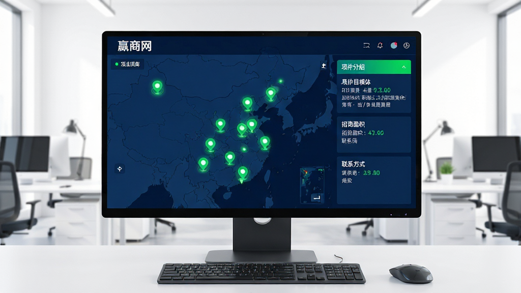 画面主体为电脑显示器,屏幕展示“赢商网”APP的项目库地图模式,地图上分布着多个高亮标记点,代表不同的商业项目。右侧栏显示着具体项目的介绍、招商面积和联系方式。显示器前摆放着键盘和鼠标,背景是明亮的办公室环境。整体布局为横版,风格为科技感的数据可视化,色调以深蓝和亮绿为主,画质清晰,突出精准与高效,图片干净整洁。