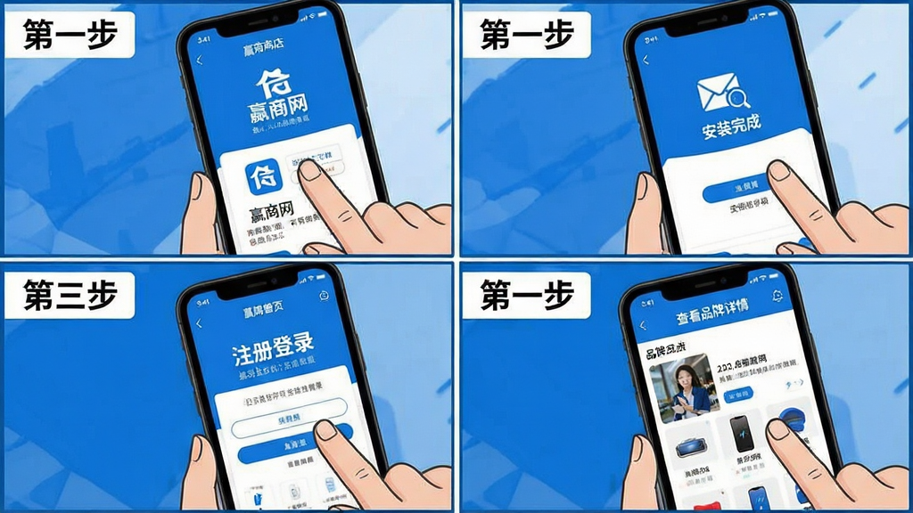 一幅分步操作示意图,画面分为四个小图,第一步展示在手机应用商店搜索“赢商网”并点击下载;第二步展示安装完成的界面;第三步展示打开APP后的首页,并提示注册登录;第四步展示在APP内查看品牌详情的界面。整体布局为四格漫画式,风格简洁明了,以蓝色和白色为主色调,画质清晰,人物手指操作特写,突出步骤指导性,图片干净无多余元素。
