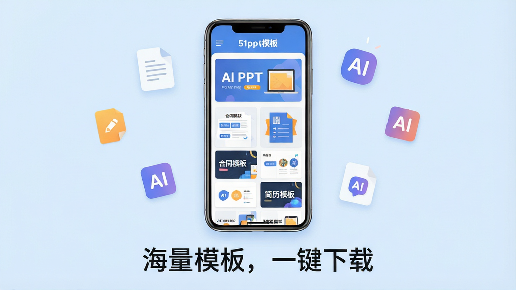 主体:51ppt模板App界面展示,手机屏幕中央显示各类PPT模板缩略图,背景为淡蓝色渐变。布局:手机竖屏居中,周围漂浮着简约的文档图标和AI图标。排版:手机下方配有“海量模板,一键下载”字样。风格:扁平化设计,色彩明快,干净整洁。细节:屏幕内展示“AI PPT”、“合同模板”、“简历模板”等标签。画质:4K超清,干净,无多余元素。