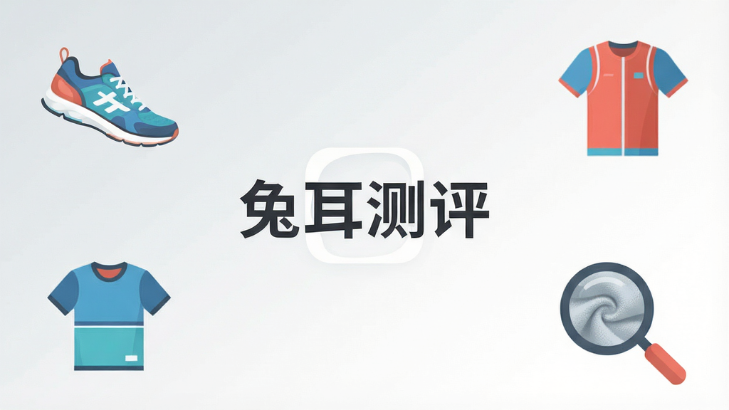 一张现代简约风格的手机应用界面预览图,界面中央显示“兔耳测评”的Logo,背景为浅灰色与白色渐变,周围环绕着跑鞋、运动衣、面料放大镜等扁平化图标,整体布局清爽,科技感与购物指南氛围兼具,画质高清干净,无多余元素