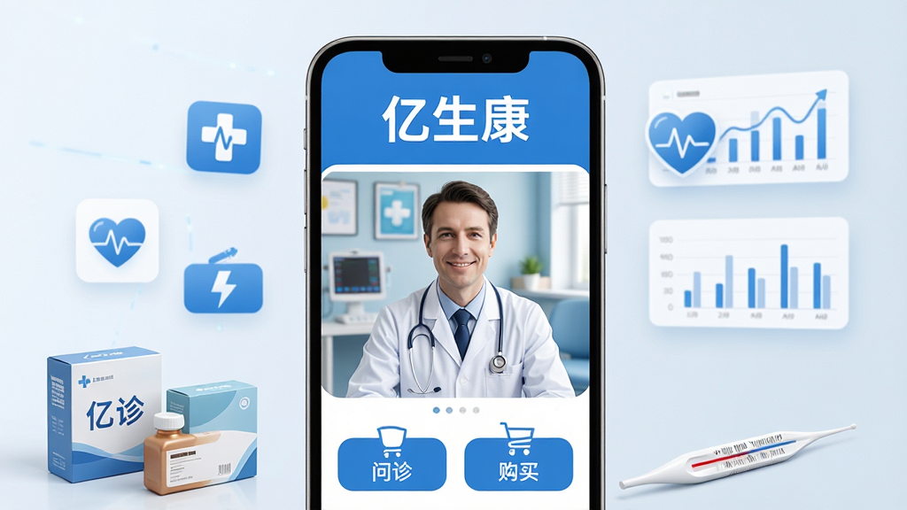 主体:亿生康APP界面,展示在线问诊和药品购买功能,手机屏幕中央显示“亿生康”字样和医生视频问诊画面。布局:手机居中,屏幕内容清晰可见,周围有医疗图标和健康数据图表环绕。排版:简洁明了,突出APP名称和核心功能。风格:现代医疗科技风格,蓝色和白色主色调,干净专业。细节:医生穿白大褂,背景为诊室,药品包装盒和温度计等元素点缀。画质:高清渲染,干净无多余元素。