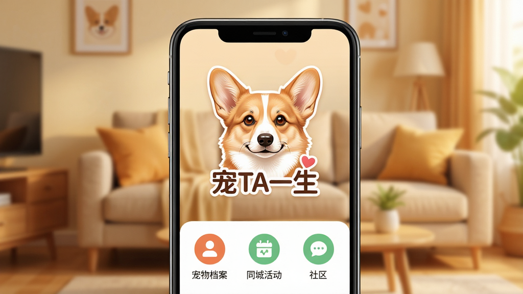 一张展示手机界面的高清图片,界面中央显示一只可爱的柯基犬头像和“宠TA一生”文字Logo,下方有“宠物档案”、“同城活动”、“社区”三个功能图标,背景为暖色调客厅,整体风格温馨明快,画质干净,无多余元素