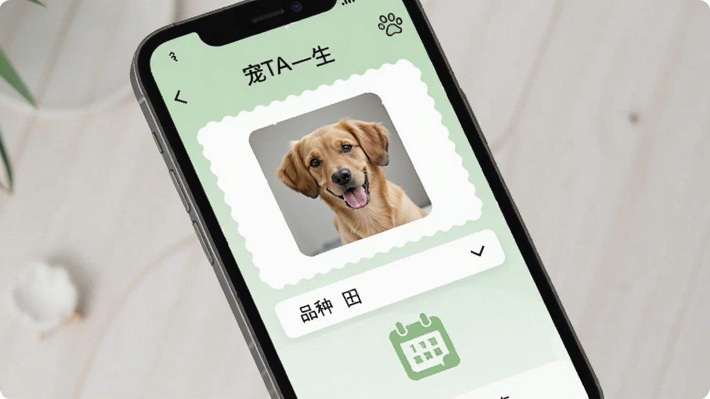 手机屏幕展示“宠TA一生”宠物档案编辑页面,包含宠物照片上传区域、品种选择下拉菜单、生日日历图标,界面简洁,以浅绿色为主色调,画质清晰,无多余元素