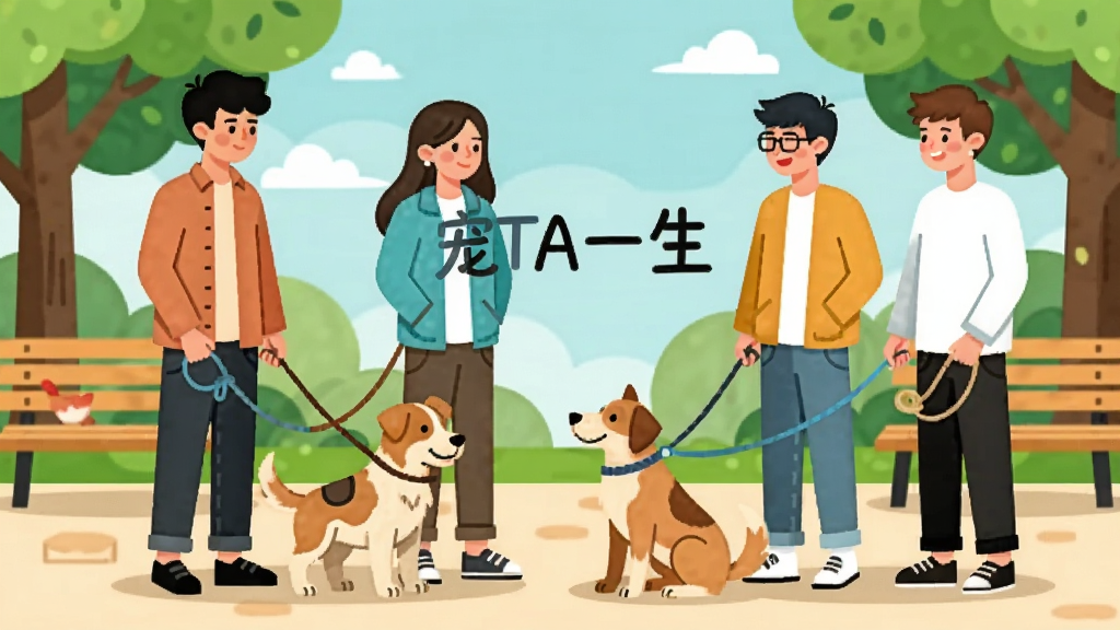 一幅插画风格的图片,描绘几位年轻人在公园里各自牵着不同品种的狗,彼此微笑交流,背景有绿树和长椅,画面中央有“宠TA一生”字样,色彩明亮,画质干净,无多余元素