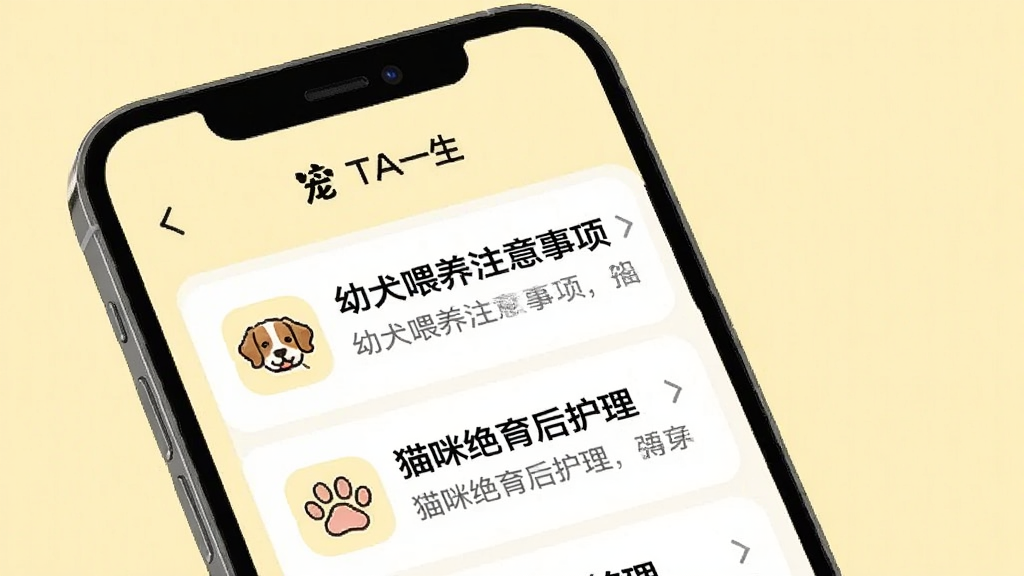 手机屏幕显示“宠TA一生”社区文章列表,标题包括“幼犬喂养注意事项”、“猫咪绝育后护理”,配有小图标,页面风格干净,以浅黄色为背景色,画质清晰,无多余元素