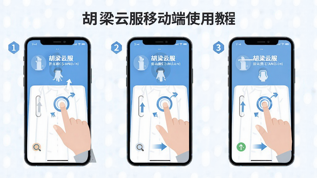 胡梁云服移动端使用教程图,主体为手机操作手势示意,布局分步骤指示,排版直观,风格扁平化,细节含点击、滑动箭头,画质干净,无多余元素