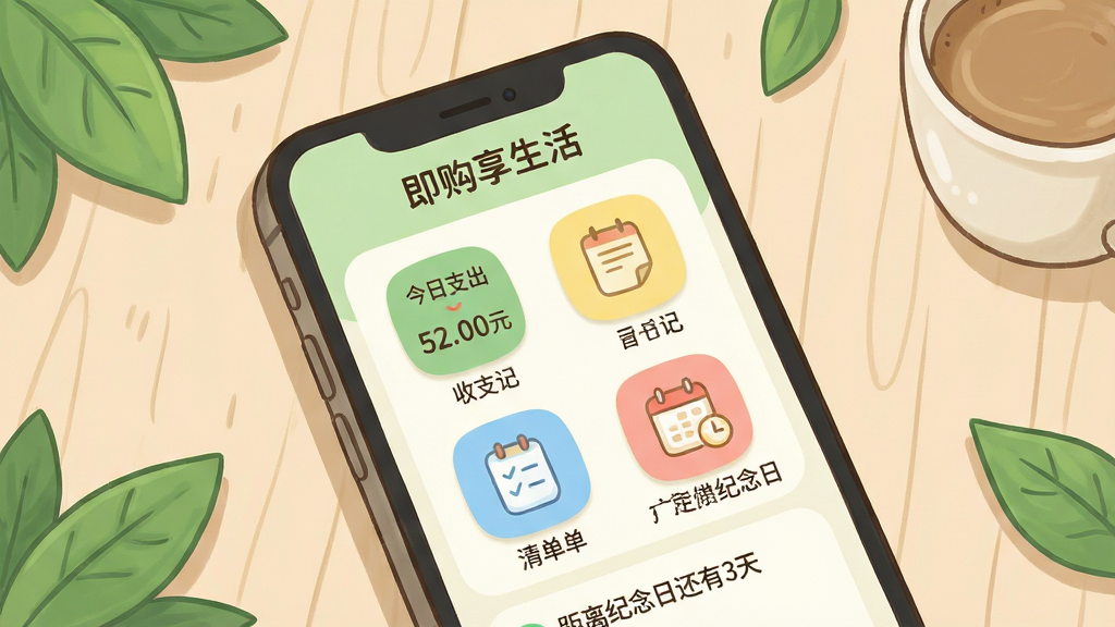 主体:一部亮屏的智能手机屏幕占据视觉中心,屏幕内清晰展示即购享生活的应用主界面,界面顶部有“即购享生活”字样,下方分布着收支记账、日记、清单、纪念日四个彩色圆润图标。布局:手机略微倾斜置于浅木色桌面上,周围散落着几片绿色植物叶子和一杯咖啡,画面构图均衡,手机屏幕内容为唯一视觉焦点。排版:界面内的图标以两行两列排列,每个图标下方配有简短中文标签,整体文字清晰可读。风格:清新手绘插画风格,色彩以淡绿、浅黄、米白为主,线条柔和圆润。细节:屏幕中模拟显示“今日支出 52.00元”和“距离纪念日还有3天”等字样,手机边框带有细微阴影,增强立体感。画质:高清细腻,干净明亮,无多余元素。