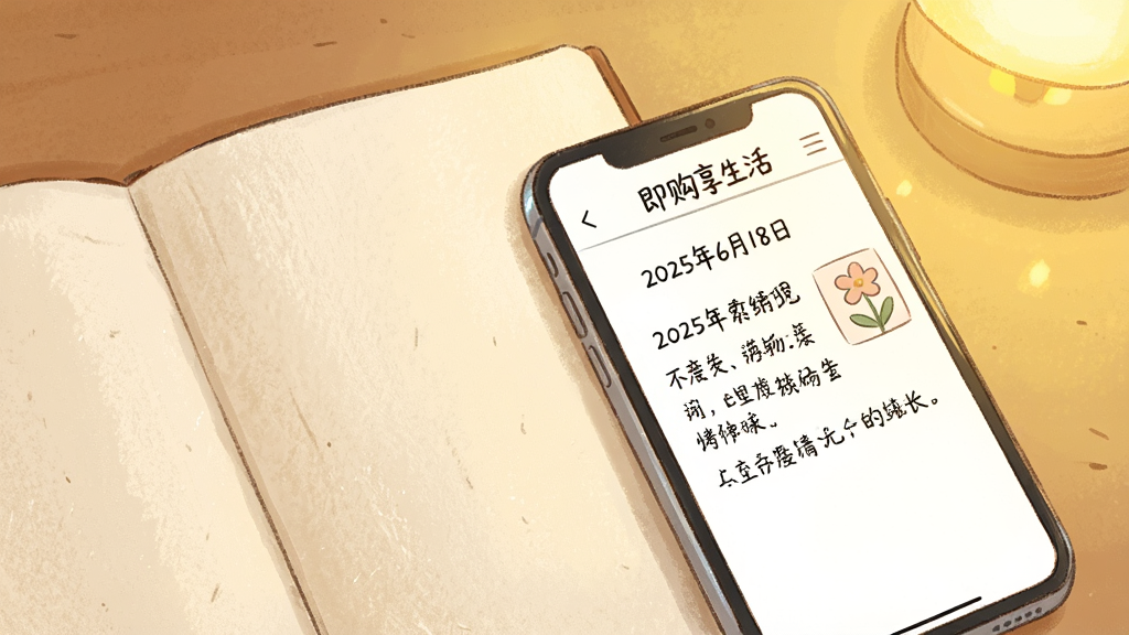 主体:一本翻开的实体笔记本与一部手机并排放在桌面上,手机屏幕显示即购享生活的日记编辑页面,页面顶部有“即购享生活”字样。布局:笔记本位于左侧,手机位于右侧,两者略微重叠,背景为温馨的暖黄色灯光。排版:日记页面内显示标题“2025年6月18日”和几行手写风格的中文文字,旁边配有一张花朵小图。风格:温暖治愈的手绘风格,色调柔和,充满生活气息。细节:笔记本纸页有细微纹理,手机屏幕边缘有轻微反光,整体营造出安静记录的氛围。画质:细腻柔和,干净舒适,无多余元素。