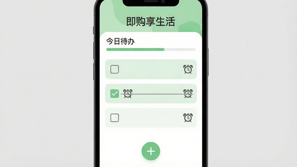 主体:手机屏幕特写,显示即购享生活的清单管理界面,屏幕上方有“即购享生活”字样,下方列出多个带复选框的任务条目。布局:手机竖直放置在纯色浅灰色背景中,屏幕内容居中显示。排版:任务条目以列表形式排列,每条左侧有方形复选框,右侧有闹钟图标,其中两条任务已被勾选并显示灰色删除线。风格:清爽的扁平插画风格,主色调为淡绿色和白色,图标线条简洁。细节:顶部有“今日待办”标题和进度条,底部有一个圆形加号按钮,屏幕整体干净无冗余。画质:清晰明亮,干净利落,无多余元素。