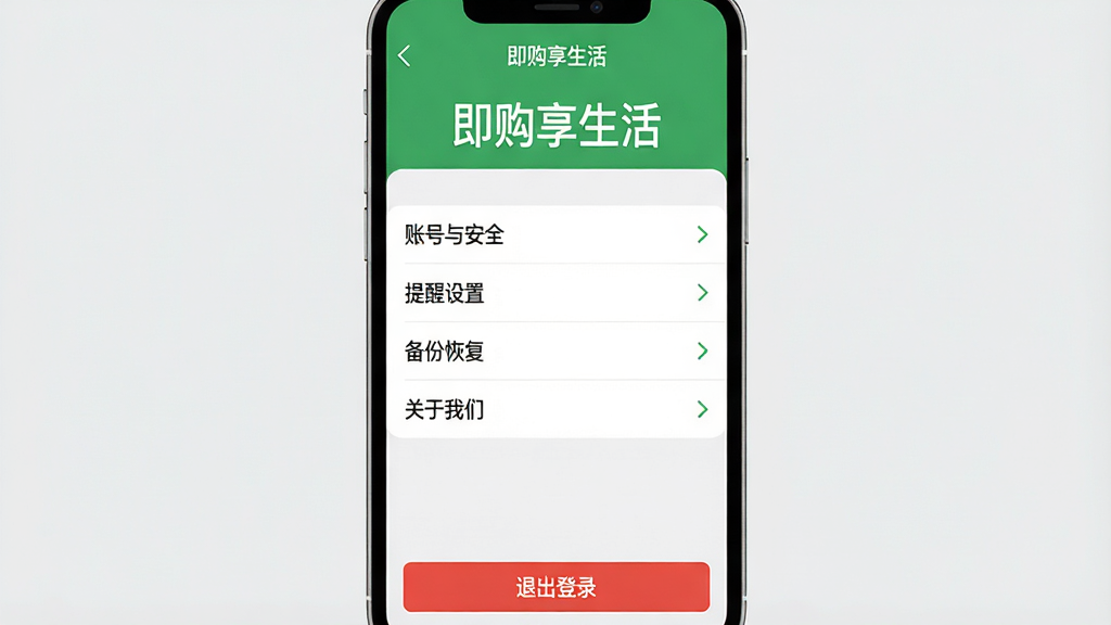 主体:一部手机屏幕显示即购享生活的“设置”页面,屏幕上有“即购享生活”字样和多个设置选项。布局:手机竖直居中,背景为淡灰色,手机屏幕内容清晰。排版:设置列表包含“账号与安全”、“提醒设置”、“备份恢复”、“关于我们”等条目,每个条目右侧有箭头图标。风格:简洁的扁平化设计,颜色以白色和绿色为主。细节:屏幕顶部有“即购享生活”五个字,底部有“退出登录”红色按钮,整体界面干净清爽。画质:高清,干净整洁,无多余元素。