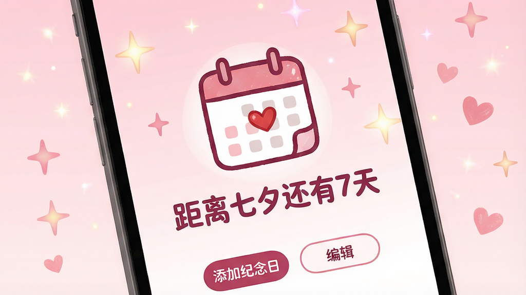 主体:手机屏幕显示即购享生活的纪念日功能页面,屏幕中央是一个大大的日历图标,旁边有“距离七夕还有7天”的文字。布局:手机屏幕占画面主体,背景是浅粉色渐变,屏幕四周有柔和的星光点缀。排版:日历图标位于屏幕正中偏上,文字位于其下方,字体圆润可爱,颜色为深粉色。风格:甜美手绘风格,与即购享生活的清新调性一致。细节:日历图标上有红色爱心标记,屏幕底部有两个小按钮“添加纪念日”和“编辑”,整体氛围温馨浪漫。画质:高清细腻,干净甜美,无多余元素。