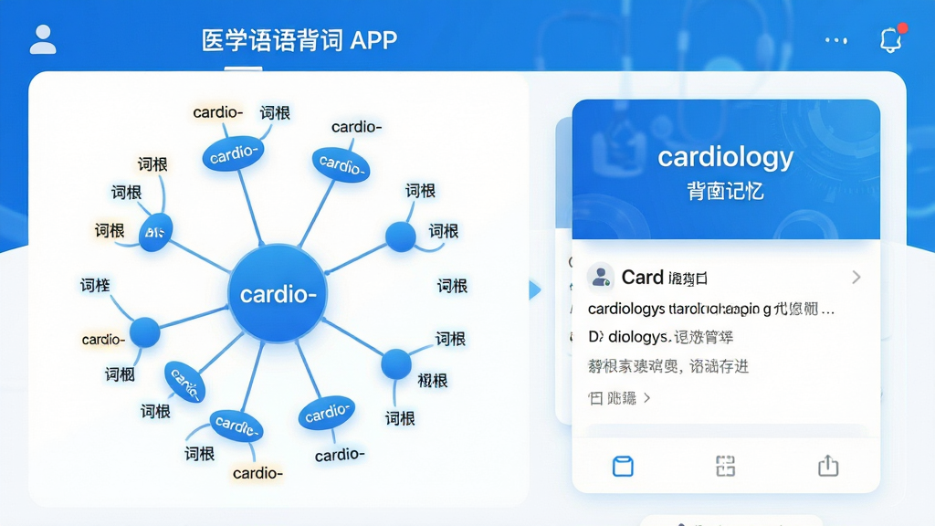 ���壺ҽѧӢ�ﱳ����APP�����棬չʾ�ʸ�ͼ�����������书�ܣ����֣����Ϊ����״�ʸ�ͼ�ף��Ҳ�Ϊ���ʿ�Ƭ�����壻�Ű棺������࣬ͻ�����Ĺ��ܣ�����ִ�ҽѧ�Ƽ��У�������ɫ����ϸ�ڣ�ͼ�׽ڵ��ע�ʸ���cardio-������Ƭ��ʾ���ʡ�cardiology�����������壻���ʣ�������Ⱦ���ɾ��޶���Ԫ��