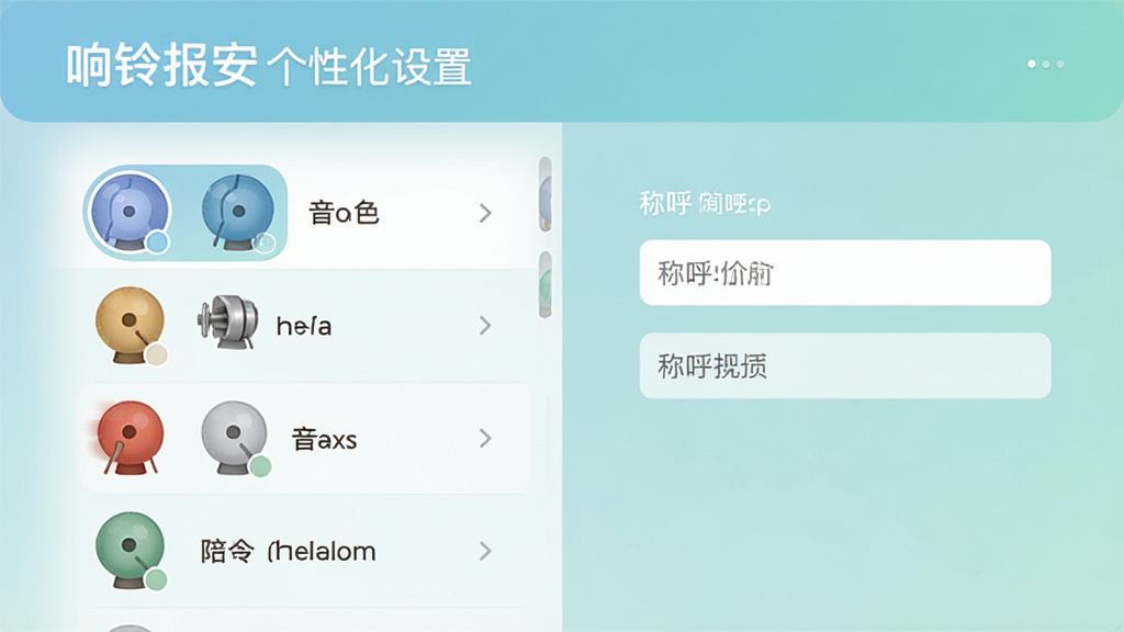 响铃报安个性化设置界面,展示多种音色选择列表和称呼输入框,界面设计简洁,配色舒适,风格清新,画质高清,干净无多余元素