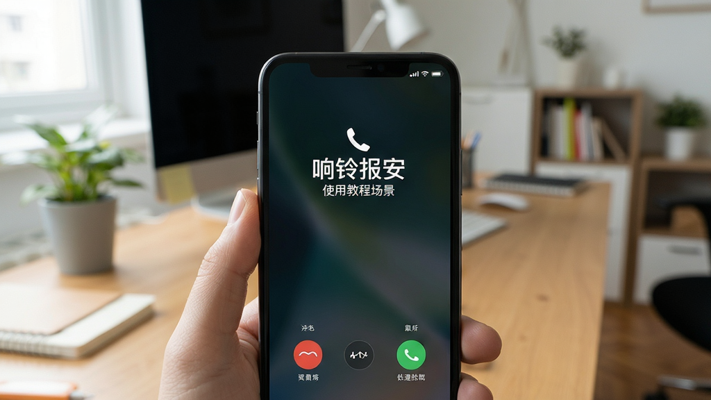 响铃报安使用教程场景,用户手机屏幕显示来电提醒,背景为办公桌或家庭环境,画面自然,风格写实,画质清晰,干净无多余元素