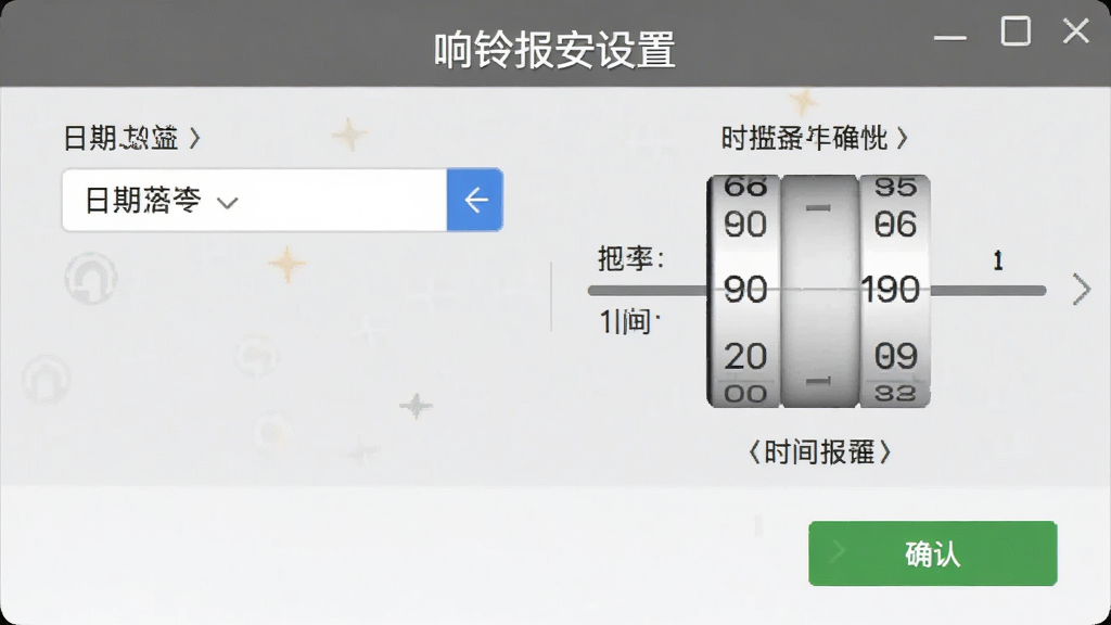 响铃报安设置界面截图,显示日期选择器、时间滚轮和确认按钮,界面布局清晰,操作指引明确,风格简洁,画质清晰,干净无多余元素