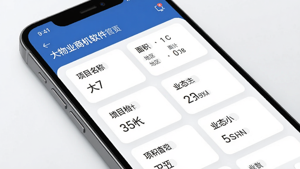 图片展示大物业商机软件的首页界面,主体为手机屏幕展示项目列表,布局清晰,数据卡片排列整齐,风格现代简约,细节包含项目名称、地区、面积、业态等关键信息,画质高清,干净无多余元素
