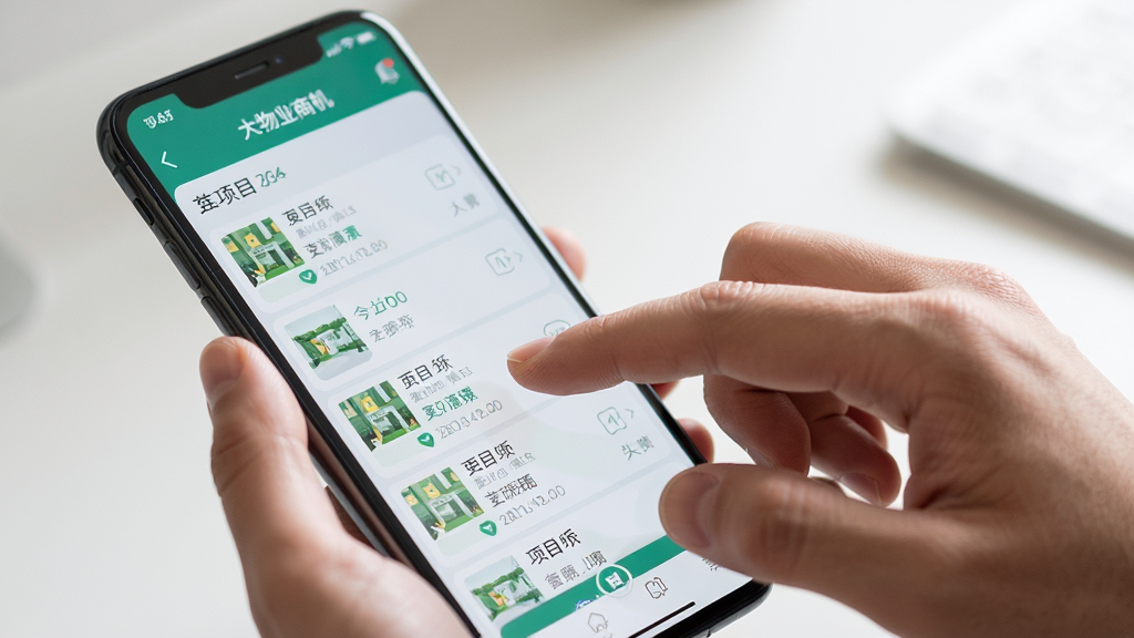展示用户正在手机上操作大物业商机应用的场景,主体为手部滑动屏幕,布局为特写镜头,风格写实,细节包括屏幕上的项目列表,画质清晰,干净无多余元素