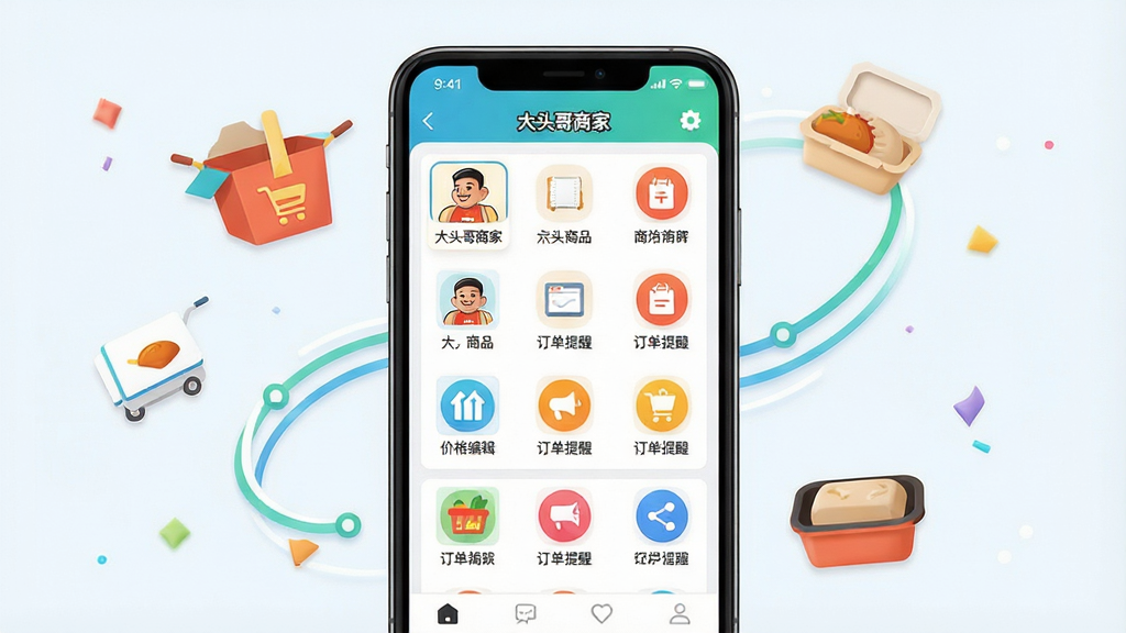 主体:一部智能手机屏幕显示大头哥商家App的店铺管理界面,界面上有商品列表、价格编辑、订单提醒等图标。布局:手机居中,界面清晰展示核心功能图标,周围有简洁的流动线条和外卖箱、餐盒等元素点缀。排版:图标排列整齐,色彩明快。风格:现代扁平化设计,强调便捷与高效。细节:屏幕中的文字标签清晰显示“大头哥商家”字样,整体画面干净明亮。画质:高清渲染,干净,无多余元素。