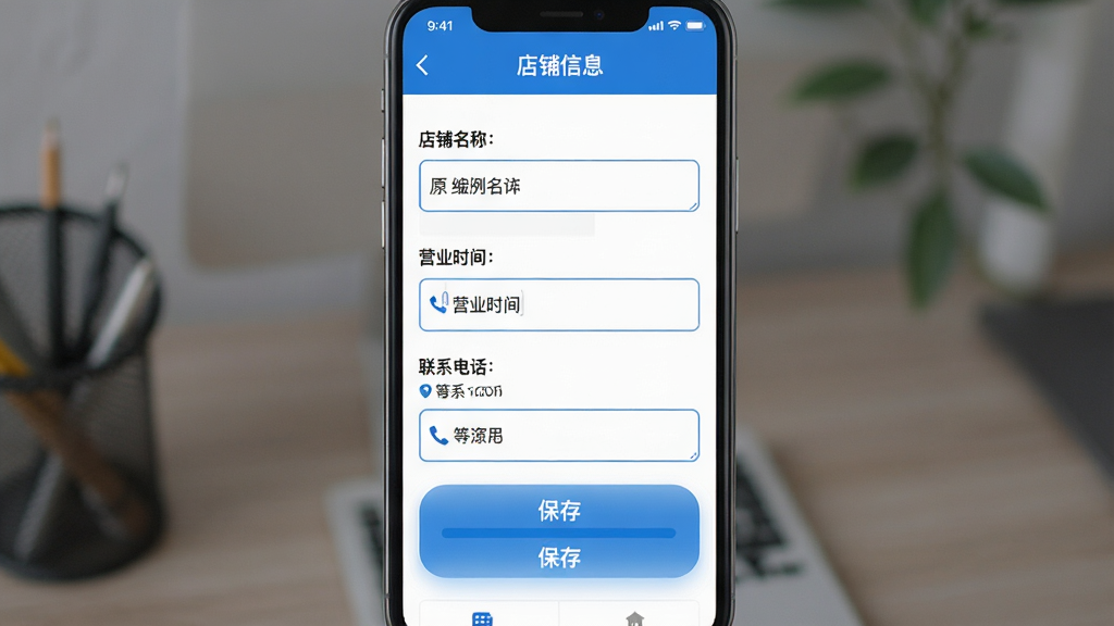 主体:大头哥商家App的店铺信息编辑页面,显示店铺名称、营业时间、联系电话等字段。布局:手机界面居中,上方有“店铺信息”标题栏,下方是整齐的输入框和保存按钮。排版:字段排列清晰,层次分明。风格:简洁商务风,以蓝白为主色调。细节:输入框内已填写示例内容,保存按钮高亮显示,整体画面整洁专业。画质:高清,干净,无多余元素。