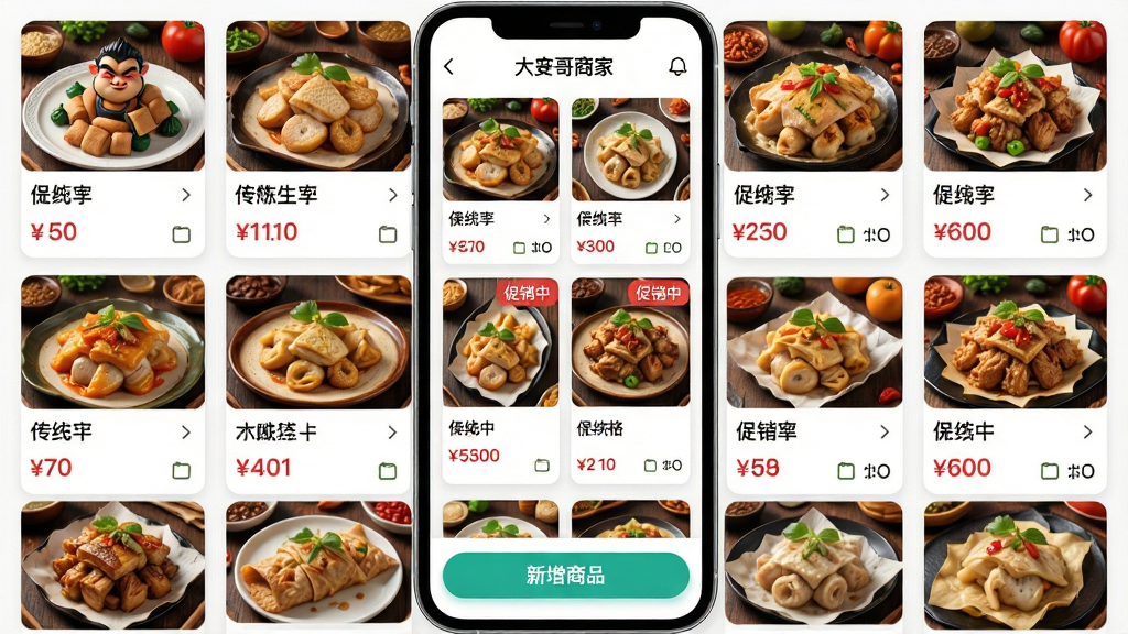 主体:大头哥商家App的商品列表管理页面,展示多个菜品卡片,每个卡片包含图片、名称、价格和库存数量。布局:手机屏幕居中,商品卡片以网格形式排列,底部有“新增商品”按钮。排版:卡片整齐,信息一目了然。风格:清新明亮,色彩丰富。细节:其中一个商品卡片上标有“促销中”标签,价格用红色突出显示,整体画面丰富而有序。画质:高清渲染,干净,无多余元素。