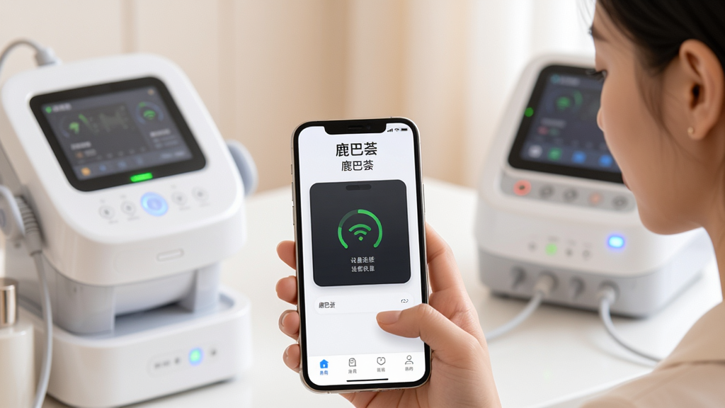 主体:一位年轻女性正使用智能手机上的鹿巴荟APP,屏幕清晰显示设备连接状态,背景是简洁现代的美容仪器;布局:手机位于画面中央偏下,仪器环绕周围,布局疏密有致;排版:画面干净,突出APP界面与设备的互动感;风格:科技感与生活化结合,色调柔和明亮;细节:手机界面有“鹿巴荟”字样,设备指示灯亮起,整体氛围专业且温馨;画质:高清,干净,无多余元素。
