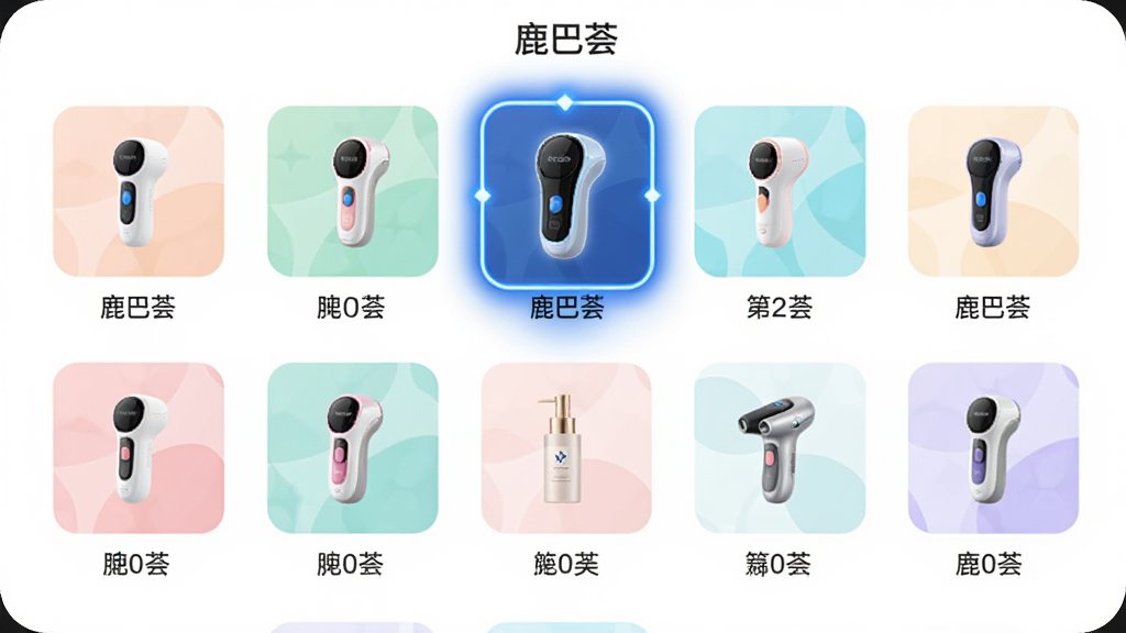 主体:鹿巴荟APP的设备选择界面,展示多款智能美容仪图标,其中一款被高亮选中;布局:界面居中,四周留白,图标排列整齐;排版:简洁清晰,每个图标下方有名称标签;风格:现代扁平化设计,色彩清新;细节:选中的设备有蓝色光晕效果,屏幕顶部显示“鹿巴荟”字样;画质:高分辨率,干净,无多余元素。
