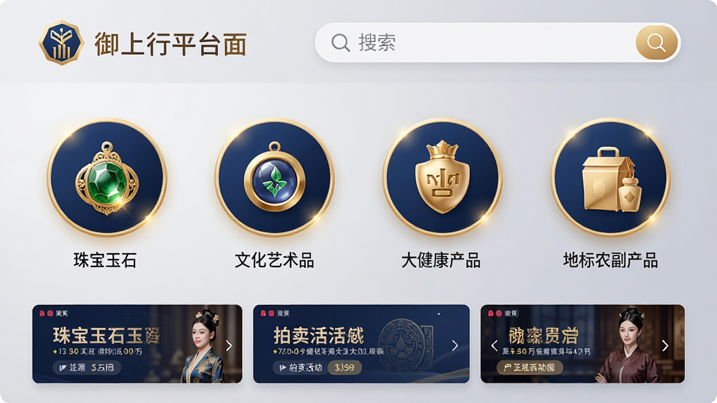 主体:御上行平台主界面,展示珠宝玉石、文化艺术品、大健康产品与地标农副产品四大品类图标。布局:上方为平台logo与搜索栏,中部为四大品类圆形图标排列,下方为拍卖活动轮播图。排版:简洁明快,采用卡片式设计,图标下方标注中文名称。风格:现代商务风,色彩以金色与深蓝为主,体现高端与信任感。细节:图标精致,带有微光效,背景为浅灰色渐变,突出主体。画质:高清渲染,干净,无多余元素。