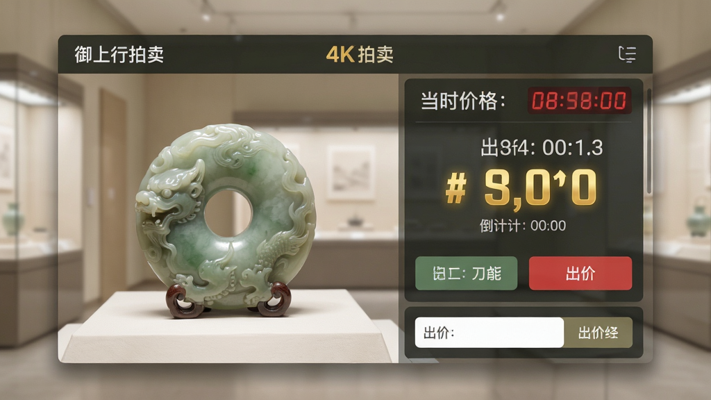 主体:御上行拍卖界面,展示一件玉器正在被竞拍,屏幕上显示当前价格和倒计时。布局:左侧为玉器高清大图,右侧为出价记录与按钮,底部为出价输入框。排版:清晰直观,价格数字用金色突出,倒计时用红色显示。风格:写实+UI界面结合,光线柔和,玉器质感细腻。细节:背景为淡雅的展厅环境,界面元素带有投影效果,画面干净。画质:4K高清,干净,无多余元素。